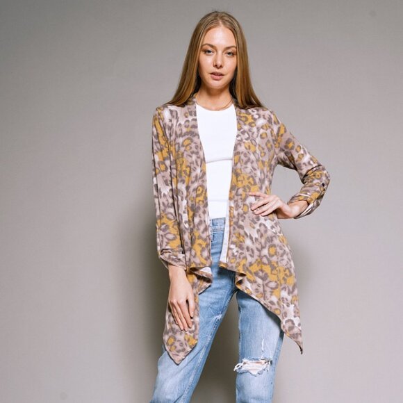 MYSTREE Leopard Print Waterfall Cardigan Brown Mustard Draped Open Front - Picture 4 of 8